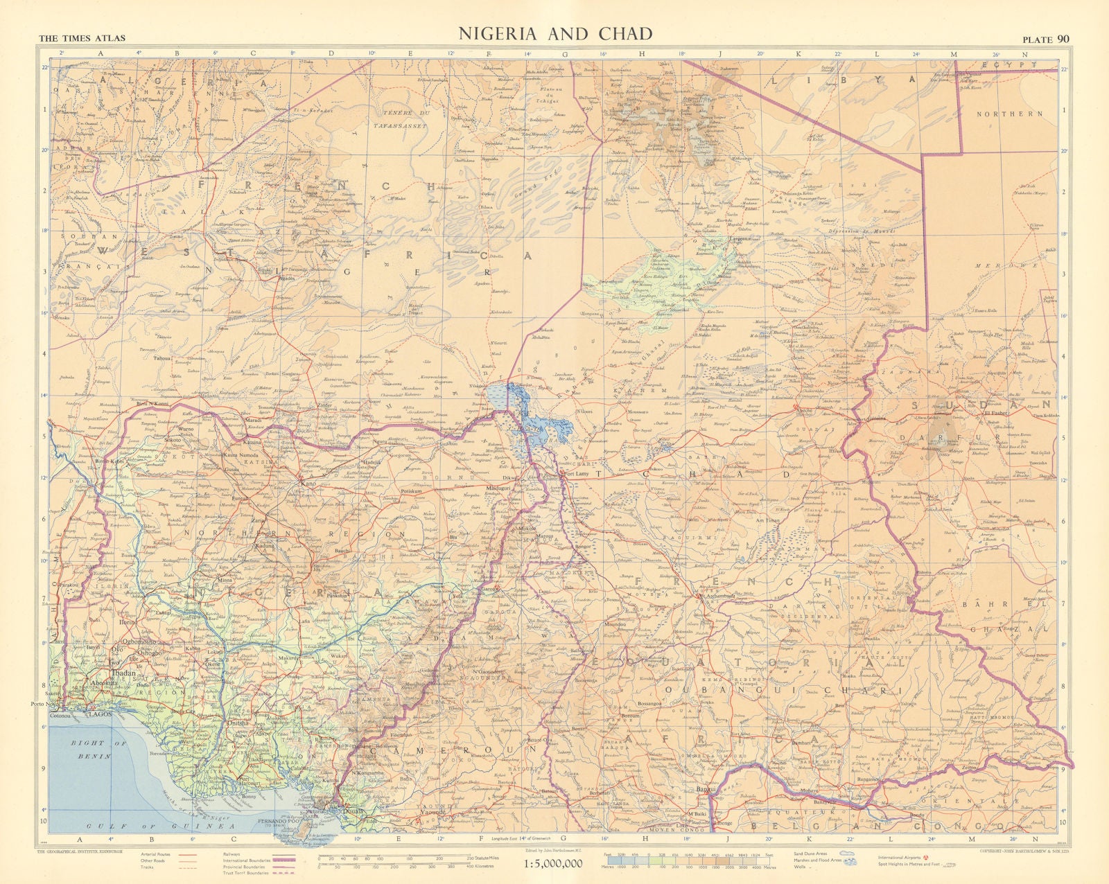 Nigeria & Chad. French West & Equatorial Africa. Cameroon. TIMES 1956 old map